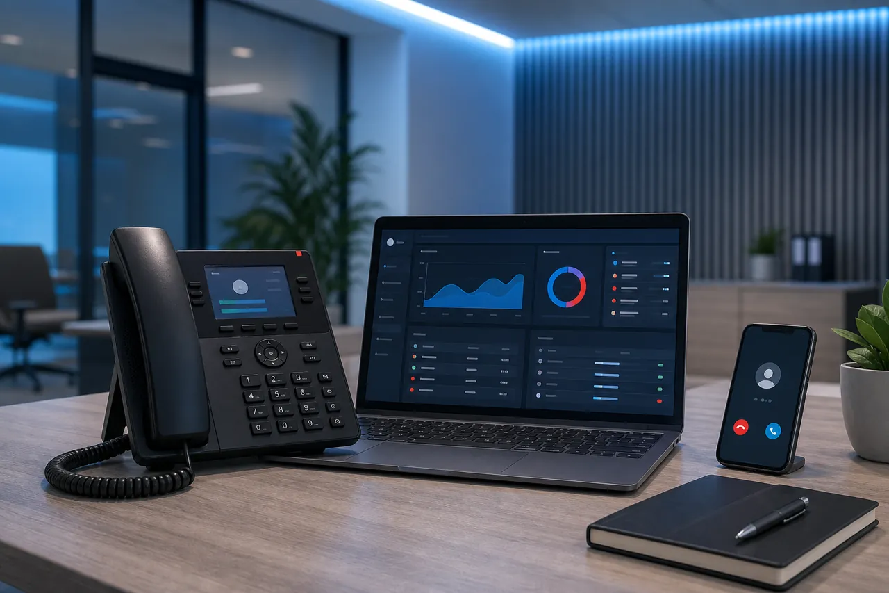 Hosted PBX workspace with business desk phone, desktop calling dashboard, and mobile softphone
