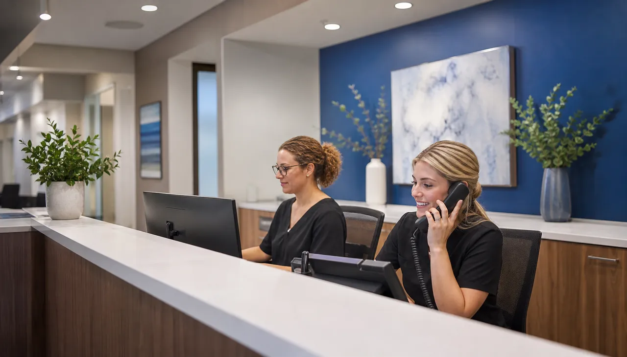 Medical office team using a business phone system at a professional front desk