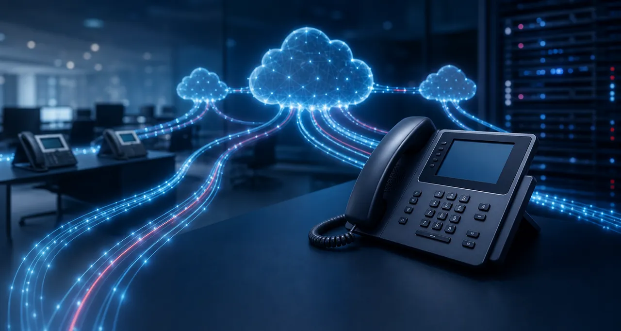 Business SIP trunking network connecting VoIP desk phones to secure cloud calling