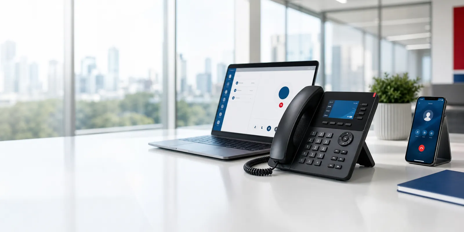 Professionally installed business VoIP desk phone with desktop and mobile calling